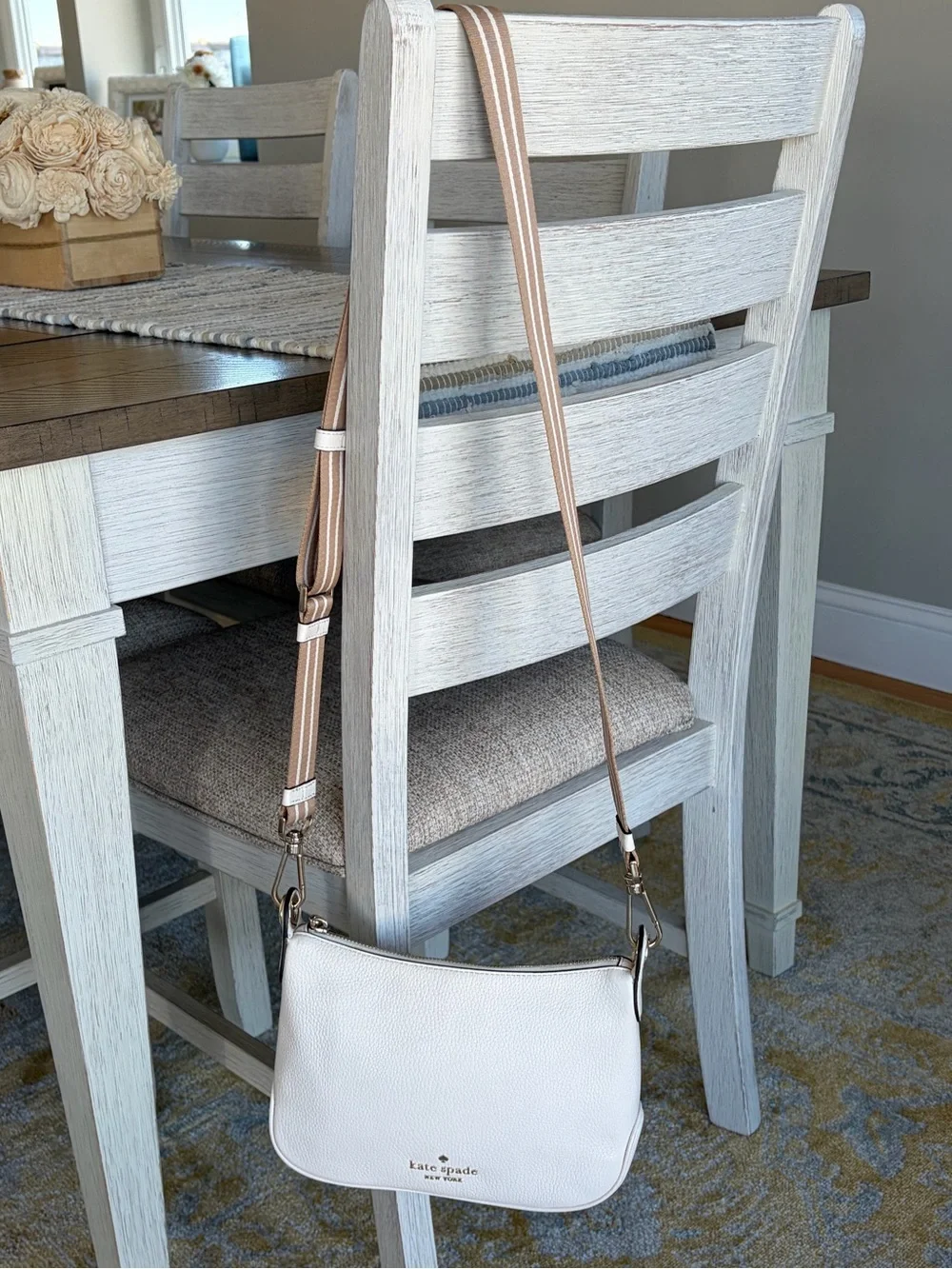 Kate Spade Ivory White Pebbled Leather Crossbody with Tan Striped Strap Like New
